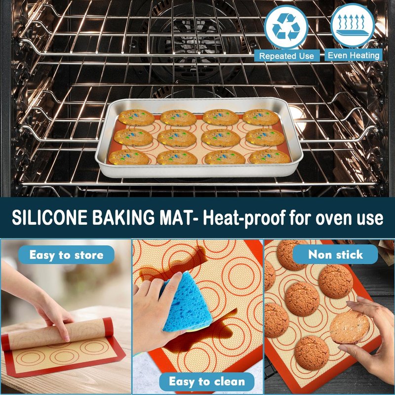 P&P CHEF 10.4 Inch Baking Oven Sheet Pan with Rack & Mat for Cookie, Stainless Steel Oven Sheet Tray Cooling Rack and Silicone Mat for Baking & Roasting, Dishwasher Safe & Healthy, 3Pcs