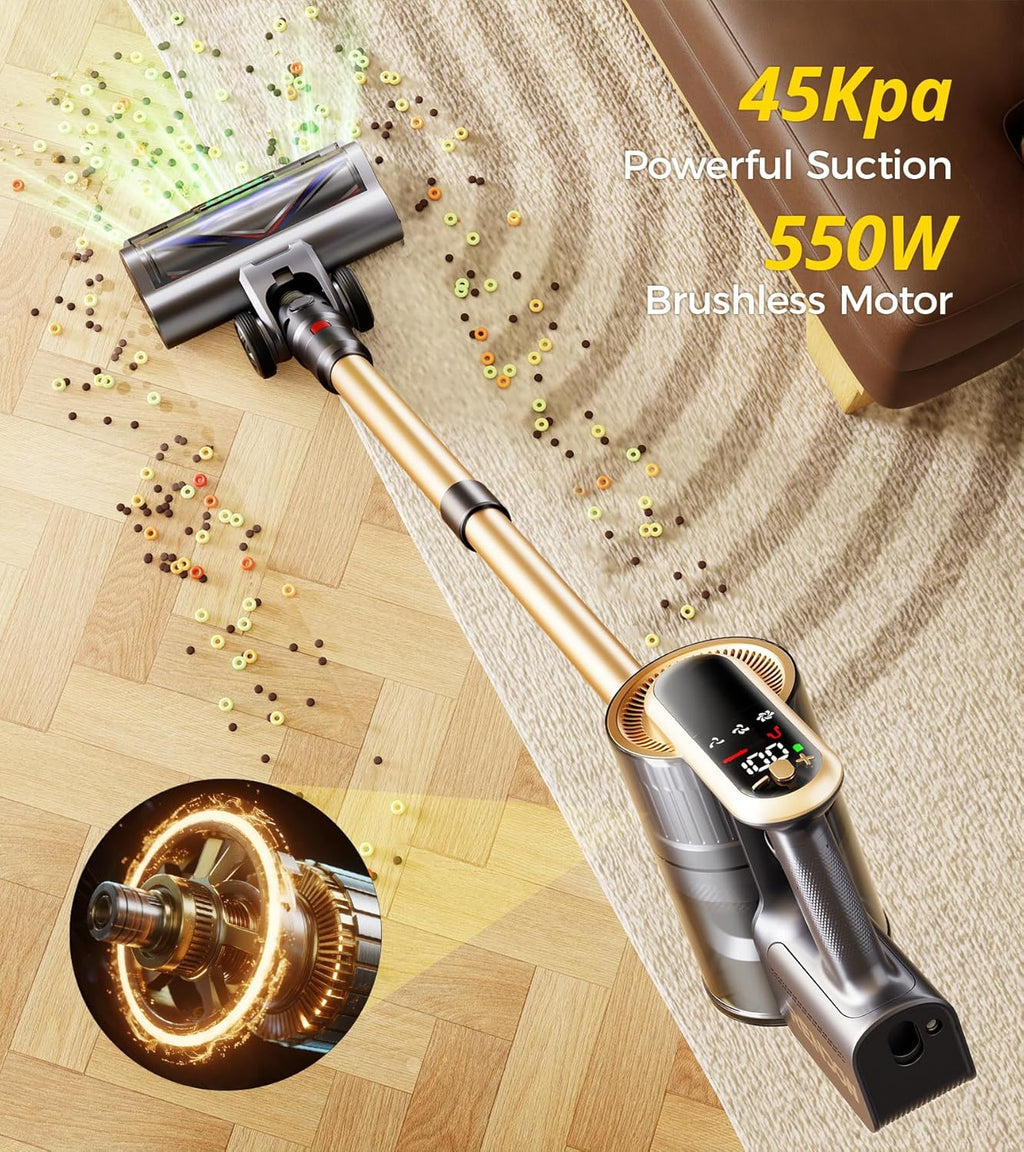 RENDOW Cordless Vacuum Cleaner - 550W Powerful Suction | 65 Minutes Runtime, LED Display, Anti-Tangle Design for Pet Hair & Hard Floors
