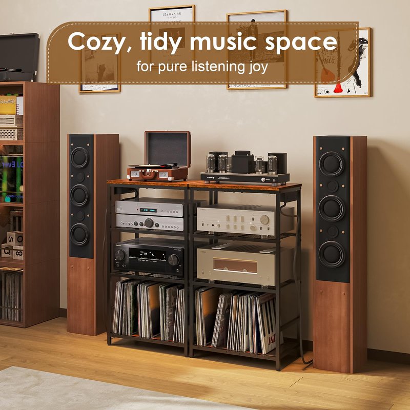 Huxitocan Record Player Stand with Storage, 4 Tier Turntable Stand with Vinyl Record Storage, Stereo Cabinet with Record Holder, Media Stand with Outlets for Entertainment Center