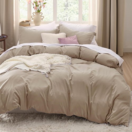 Bedsure Duvet Cover Set - Light Brown Queen Size, 3 Pieces, Extra Soft Prewashed Cotton, Zipper Closure