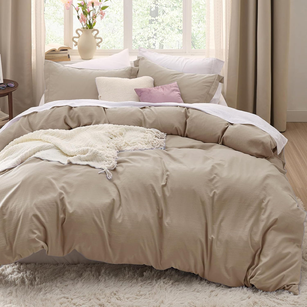 Bedsure King Size Duvet Cover Set - Extra Soft Prewashed Cotton-Like Bedding in Light Brown, 3 Pieces