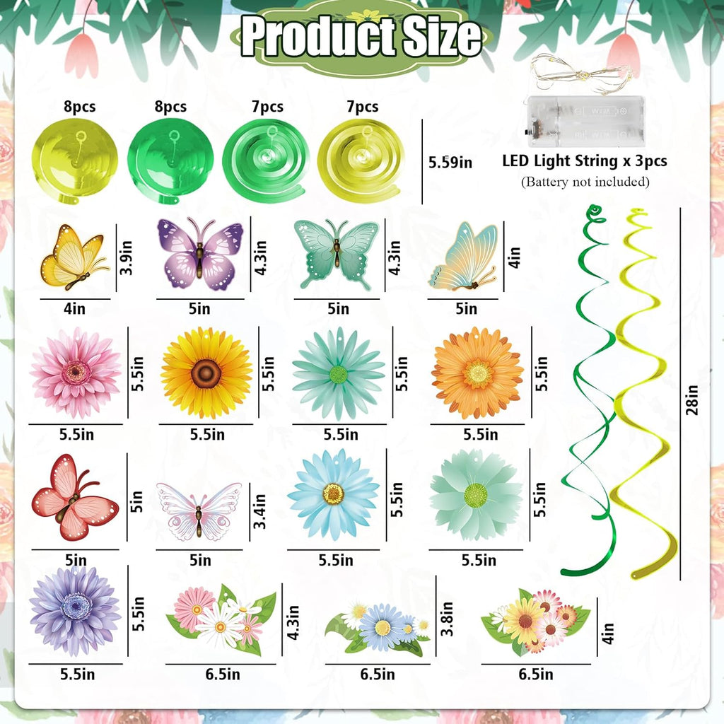 Skiennix 33-Piece Spring Hanging Decorations | LED Flower & Butterfly Swirls for Easter Parties