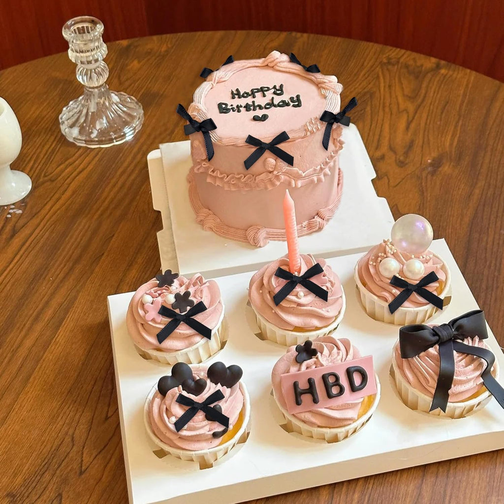 Skiennix 40 Pcs Black Bow Cupcake Toppers - Elegant Picks for Valentine's Day, Weddings & Parties