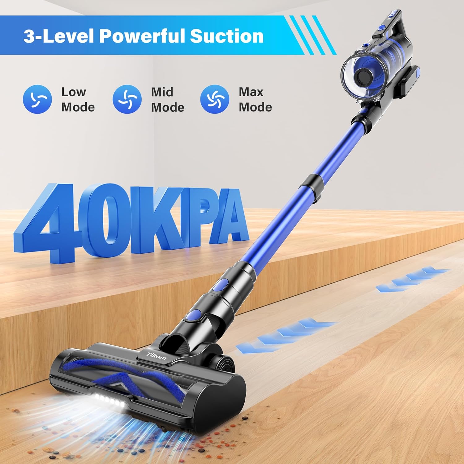 Tikom Cordless Vacuum Cleaner - 450W Powerful Stick Vacuum | Lightweight, Anti-Tangle Design for Hard Floors & Pet Hair