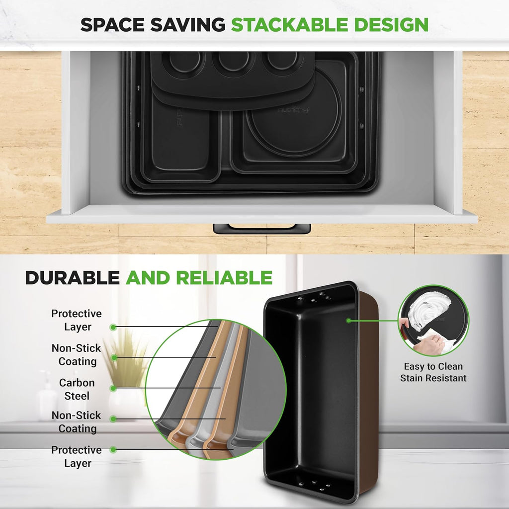 NutriChef 8-Piece Nonstick Bakeware Set - Non-Toxic Carbon Steel Trays with Cookie Sheet, Muffin, Loaf, Cake, Round & Square Pans - Easy to Clean & Oven Safe - Brown