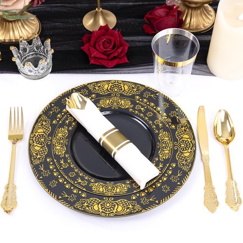GATHER 350PCS Black and Gold Plastic Plates - Gold Disposable Dinnerware Set Include 50 Dinner Plates, 50 Dessert Plates, 150 Gold Plastic Silverware, 50 Napkins, 50 Cups for Wedding & Party