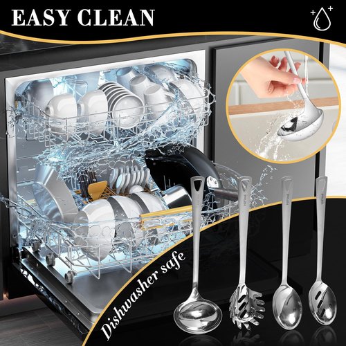 HIFIND 4PCS Cooking Utensils Set, Stainless Steel Kitchen Utensils Set, Durable Kitchenware Set for Cooking, Utensils Set with Slotted Serving Spoon, Spaghetti Fork, Ladle, Solid Serving Spoon