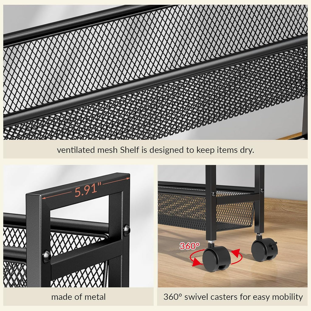 ThreeHio 6-Tier Slim Storage Cart - Mobile Metal Shelving Unit with Wheels for Kitchen & Narrow Spaces | Black, 6in Width