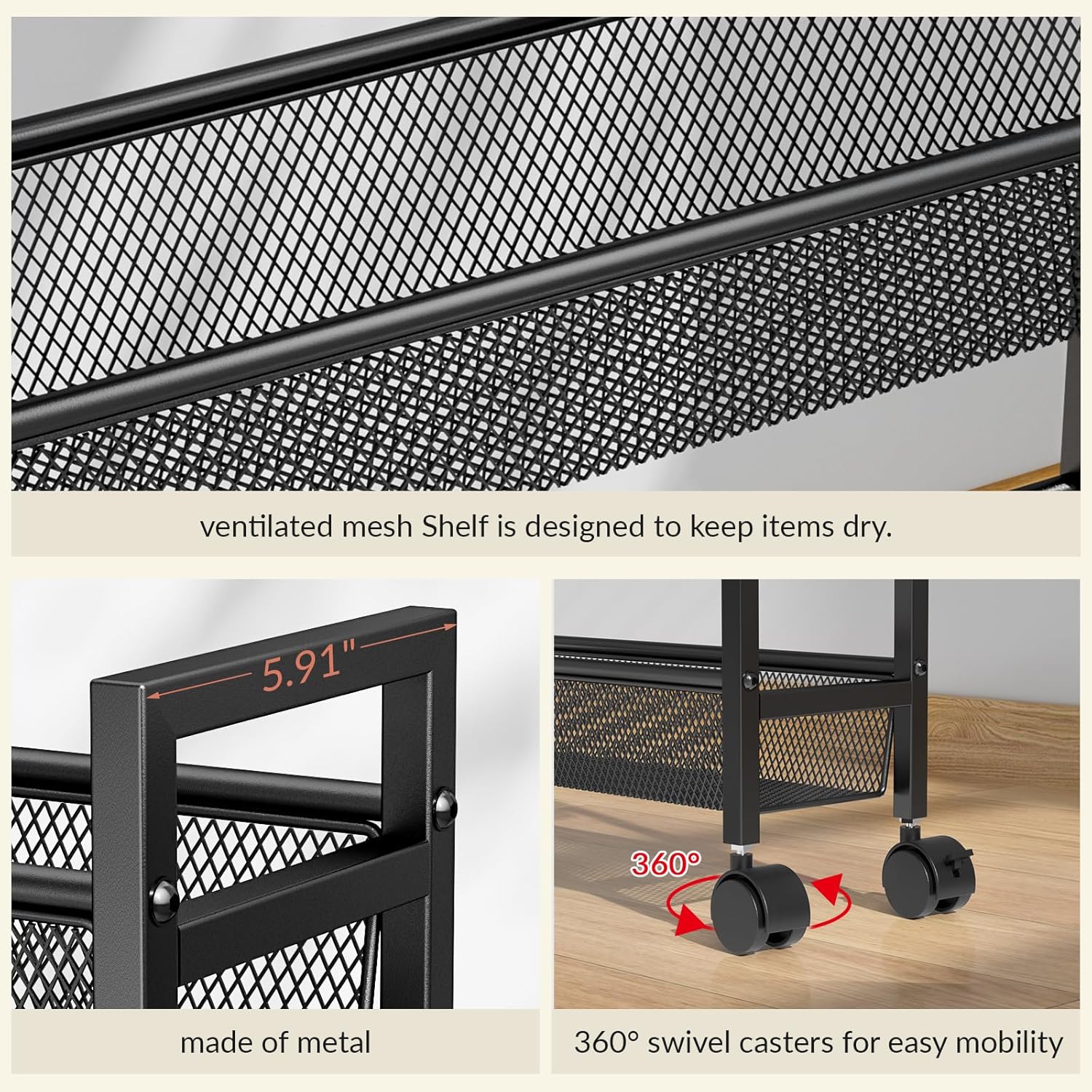 ThreeHio 6-Tier Slim Storage Cart - Mobile Metal Shelving Unit with Wheels for Kitchen & Narrow Spaces | Black, 6in Width
