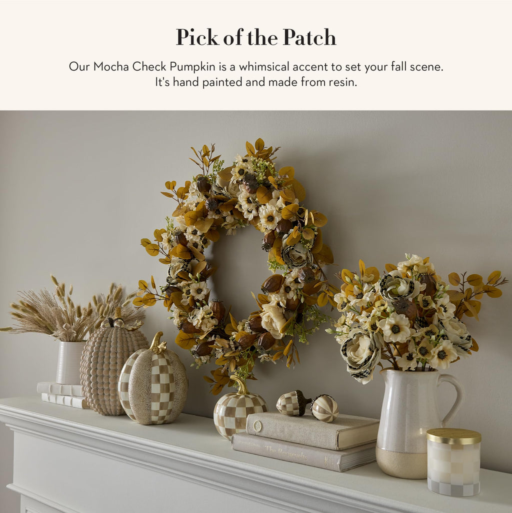 MACKENZIE-CHILDS Mini Pumpkin, Resin Halloween Home Decor, Brown-and-White Mocha Check