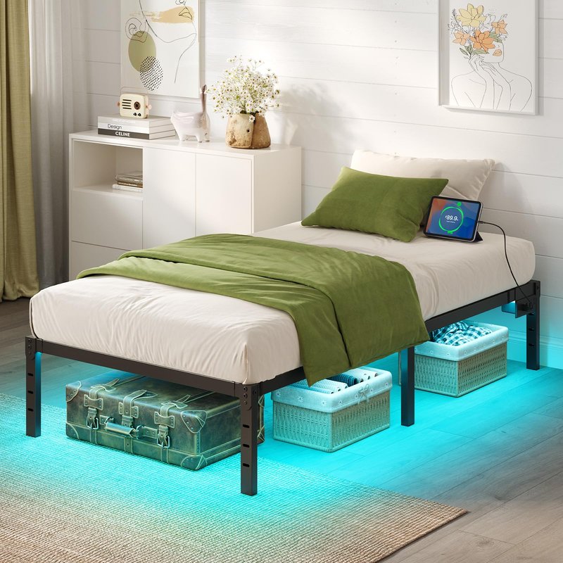 Rolanstar Bed Frame with USB Charging Station, Twin Bed Frame with LED Lights, Platform Bed Frame with Heavy Duty Steel Slats, 14" Storage Space Beneath Bed