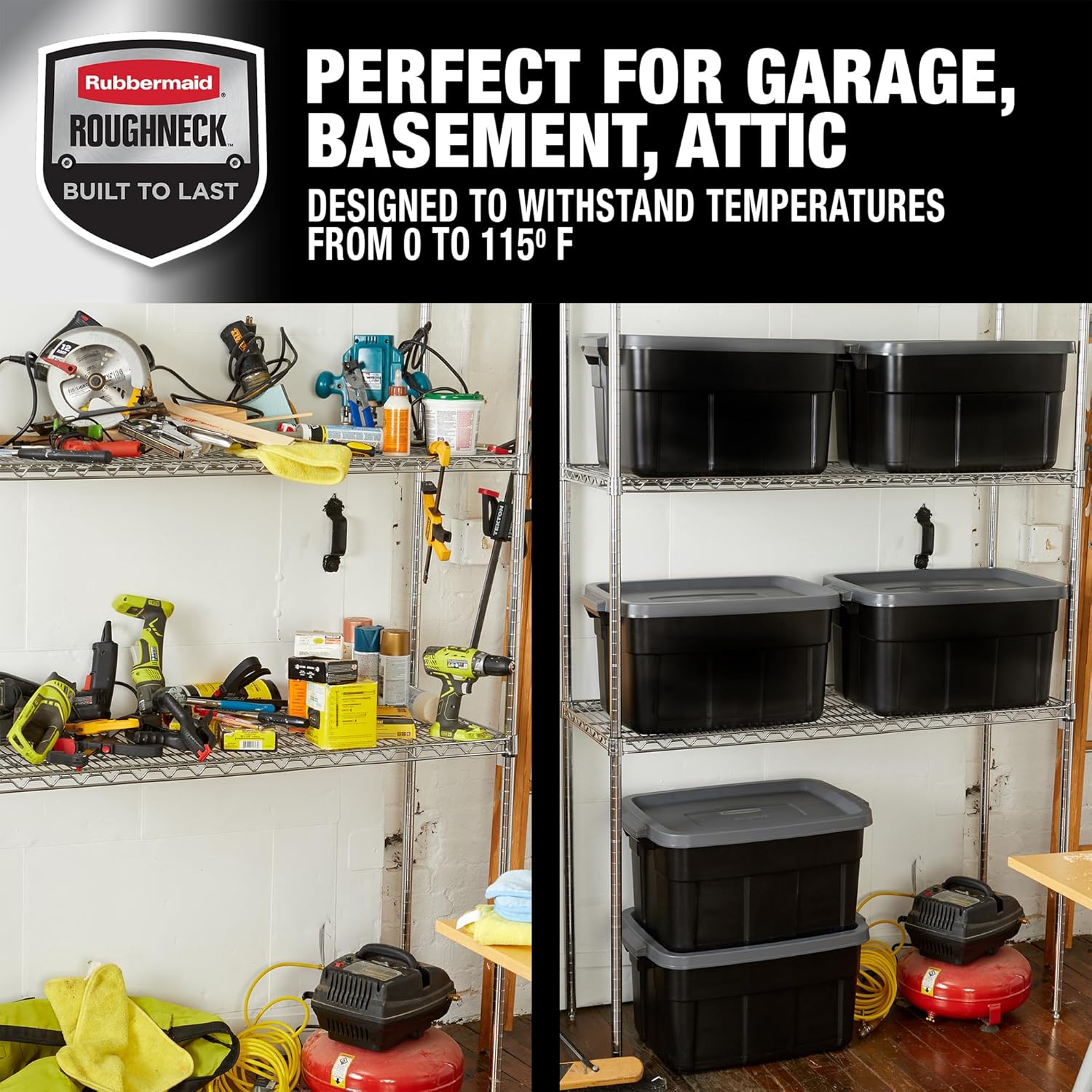 Rubbermaid Heavy Duty Black Storage Bins - Durable, Stackable Plastic Totes with Lids | 14 GAL, 6 Pack