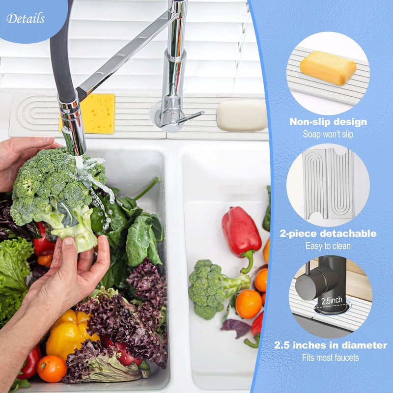 Stone Faucet Mat for Kitchen Sink- 15.6''x 3.9''Diatomite Fast-Drying Faucet Mat, Super Water Absorbing Stone Tray for Sink,Faucet Splash Guard for Bathroom Counter (White)