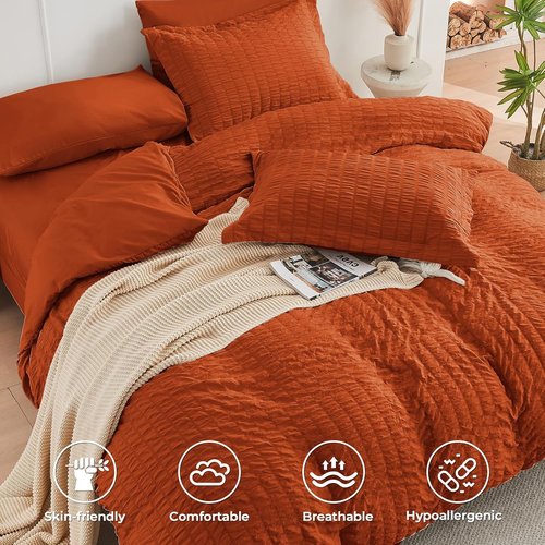 HYMOKEGE Comforter Set - Burnt Orange Seersucker Luxury Bedding | 7-Piece All-Season Full Size Set