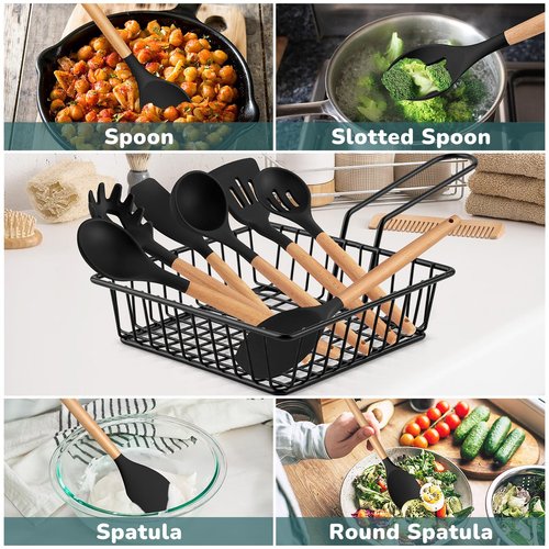 TeamFar Cooking Utensils Set of 7, Silicone Kitchen Utensils Set with Wooden Handles, Heatproof Kitchen Tools for Cooking Turning Serving, Non-stick Cookware Safe, Non-toxic & Non Scratch– Black