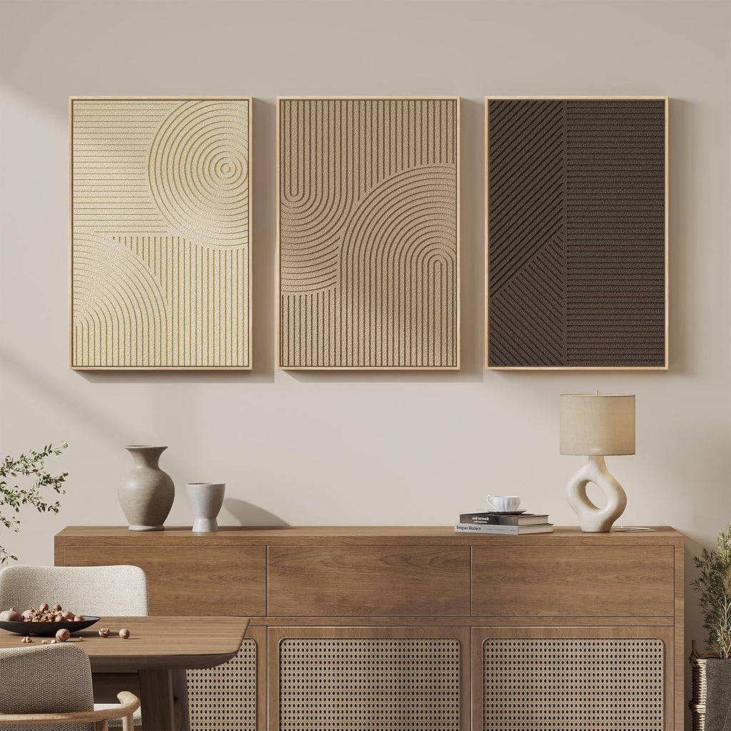 Skiennix Large 3D Textured Boho Wall Art - Modern Minimalist 3-Piece Set in Brown Beige Tan | 20x30 In
