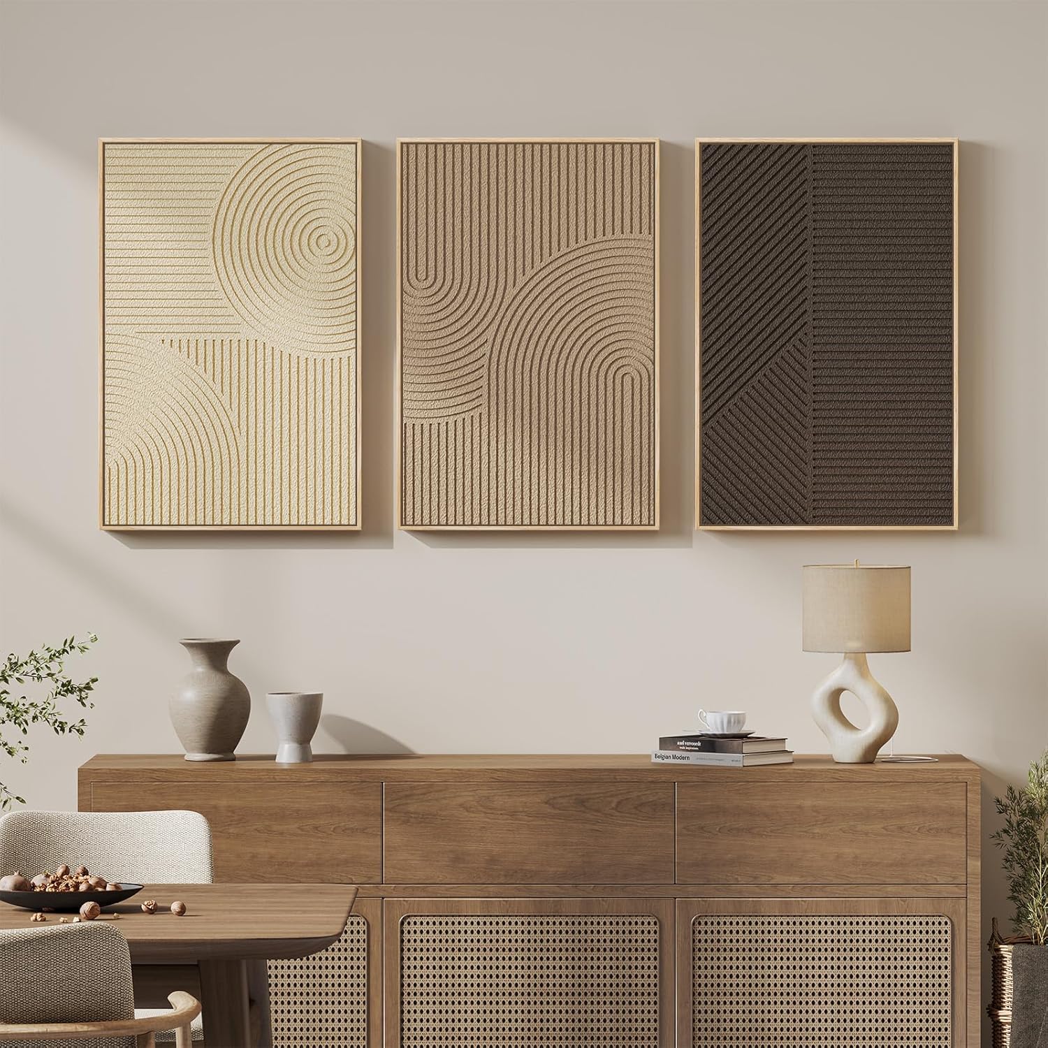 Skiennix Large 3D Textured Boho Wall Art - Modern Minimalist 3-Piece Set in Brown Beige Tan | 20x30 In