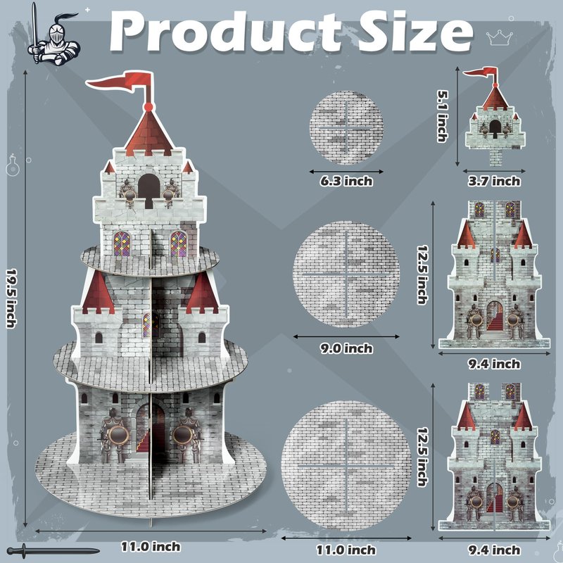 Salovio Medieval Knight Cupcake Stand 3 Tiers Castle Birthday Party Cardboard Cupcake Holder Decorations Knight Dessert Tower Party Supplies for Kids Birthday Baby Shower Gender Reveal decoration