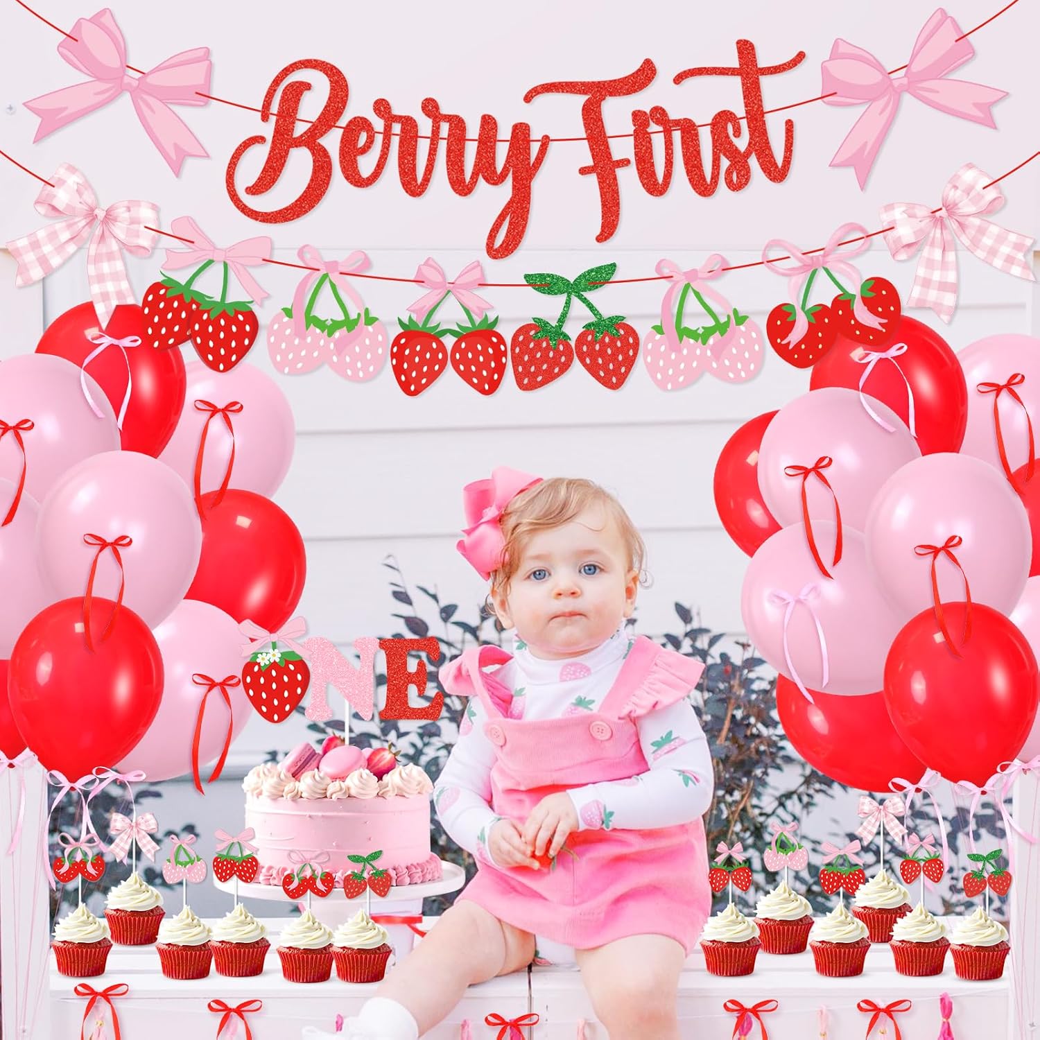 Skiennix Pink Bow Strawberry First Birthday Party Decor - Glitter Banners & Balloons for Girls