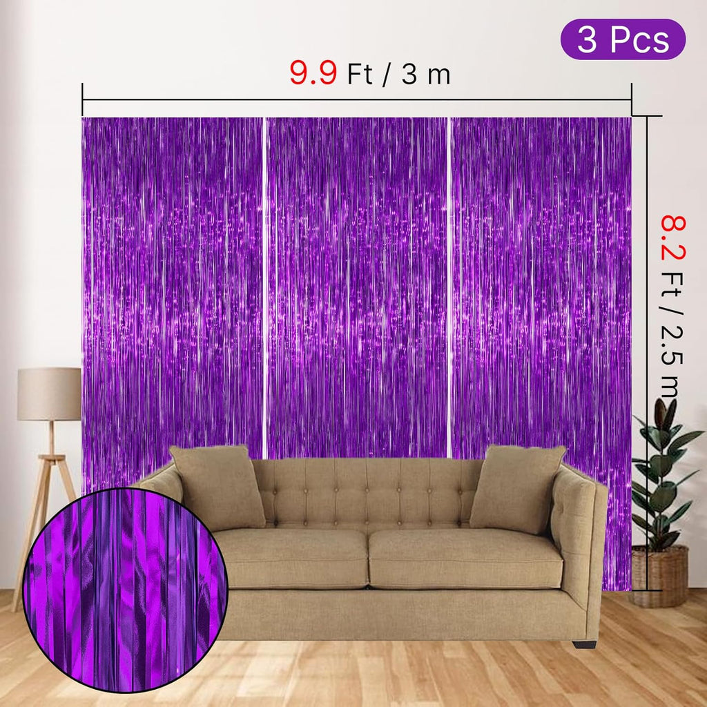 PartyWoo Foil Fringe Curtain - 3pcs 8.2ft Metallic Tinsel Lavender Backdrop for Celebrations
