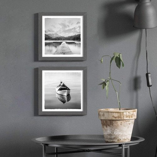 Lake Scenery Framed Wall Art: Sunset Sunrise Artwork Picture Modern Foggy Mountain Natural Wilderness Boat Tree Landscape Print Painting for Bedroom Office Living Room Bathroom
