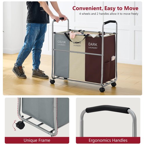 Tajsoon 3 Bag Laundry Cart, Laundry Hamper Sorter with Heavy Duty Lockable Wheels, Laundry Basket Organizer with Removable Bags, Laundry Separator Hamper for Clothes Storage, Gray+Beige+Red