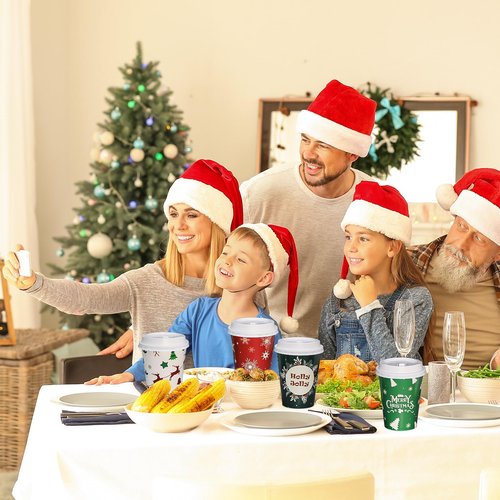 SUREPHON Christmas Disposable Coffee Cups with Lids, 60 Pack 12 Oz To Go Coffee Cups,6 Designs Christmas Coffee Drinking Paper Cups for Hot Chocolate, Hot Cocoa, Xmas Dinner Party