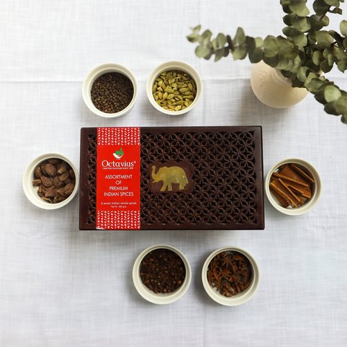 Octavius Wooden Spice Box | Assortment of 6 Spices - Clove/Cinnamon/Cardamom/Black Pepper/Star Anise/Black Cardamom | Wooden Masala Box | Pack of 1 w/ 6 Spices (300gm each)