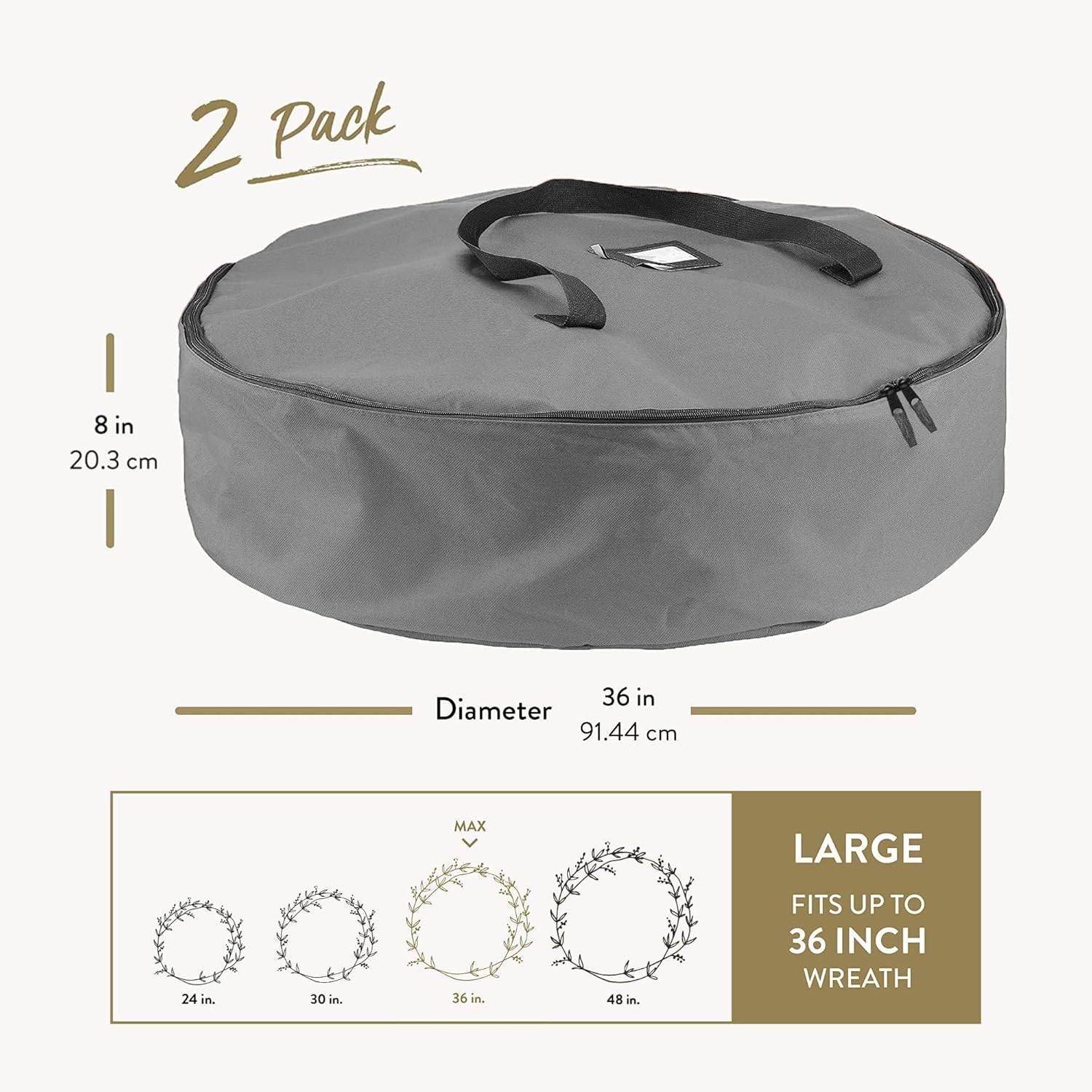 ZOBER Oxford Christmas Wreath Storage Container - 36 Inch Waterproof Bag with Dual Zippers & Durable Handles - Gray | 2 Pack