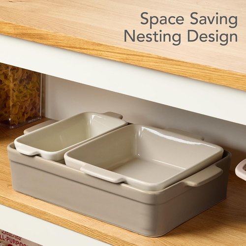 Best Choice Products 3-Piece Ceramic Bakeware Set - Stoneware Casserole & Baking Dishes | Mushroom Beige, 9x12 & 8x8 Sizes