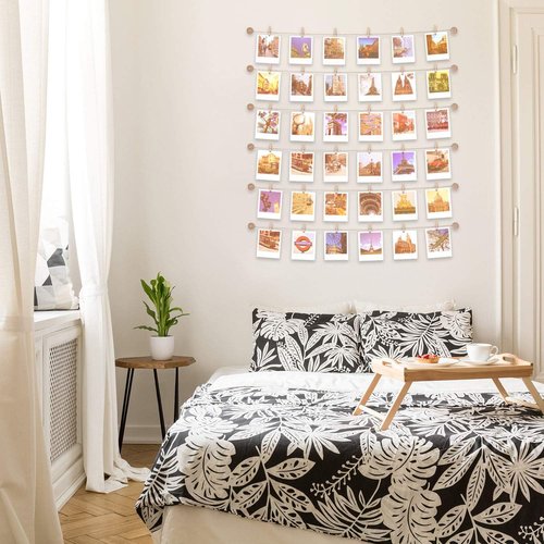 Mudder Photo Display String - 50 Clip Boho Wooden Wall Decor for Dorm Room | Damage-Free Holder for Teen Girls