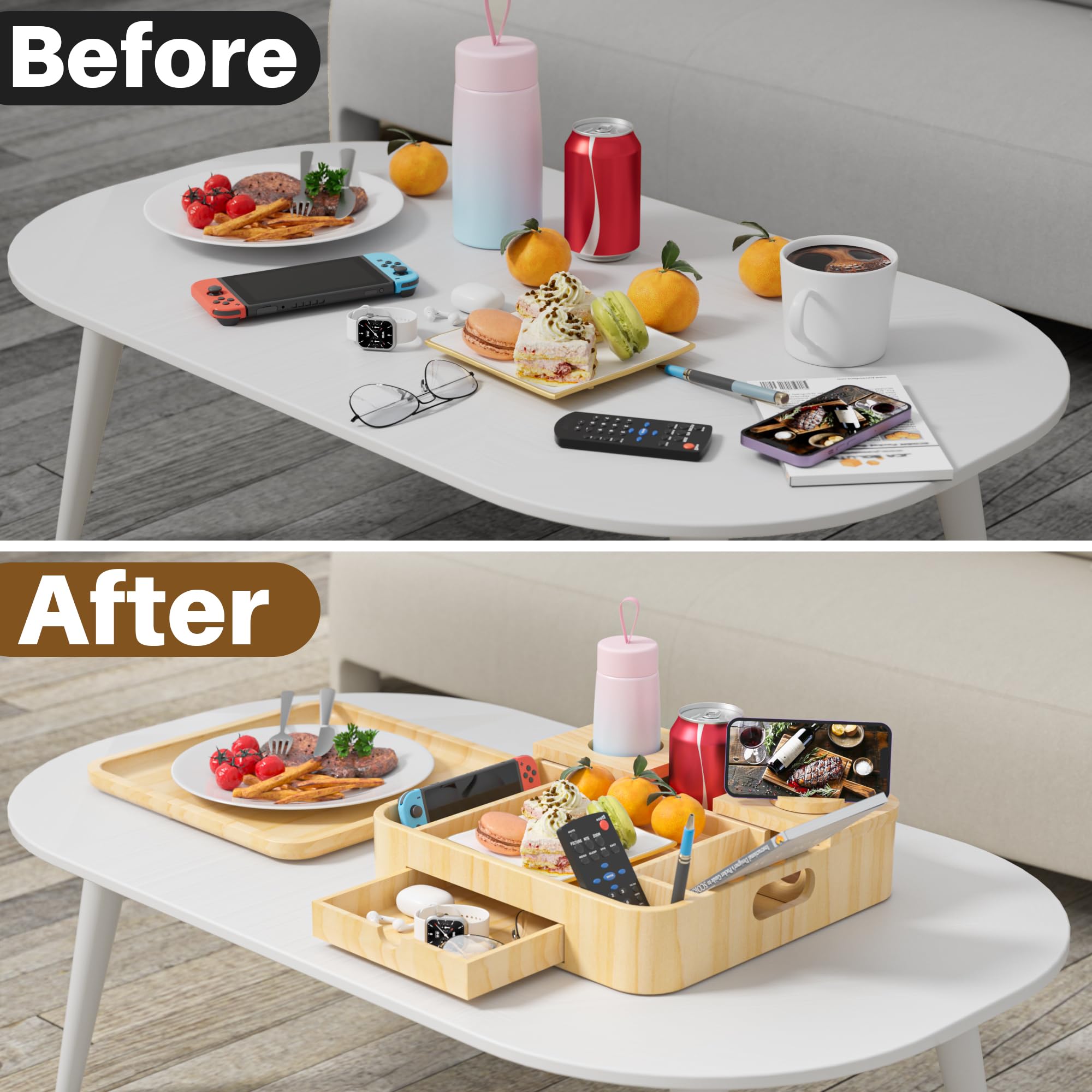 Couch Cup Holder, Couch Tray Cup Holder Sofa Tray, Large Capacity Two-Tier Wooden Trays with Drawer for Sofa, Bed, Picnic, Drinks, Snacks, Remote, Cell Phone, Headphones (Solid Pine Wood)12.8*12.8 in