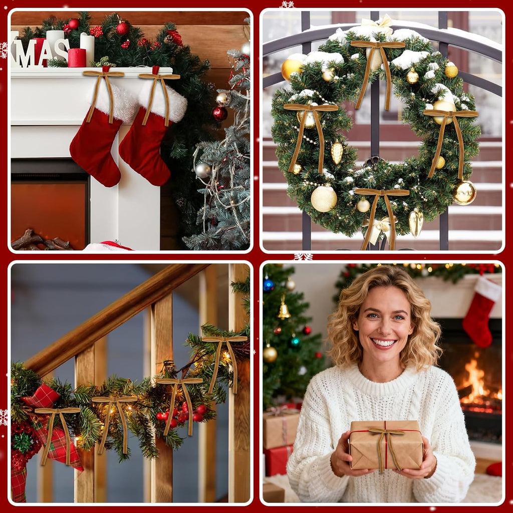 Skiennix Velvet Christmas Tree Bows - Elegant Khaki Pre-Tied Ornaments | 24 Pcs, 5”x7” for Holiday Décor
