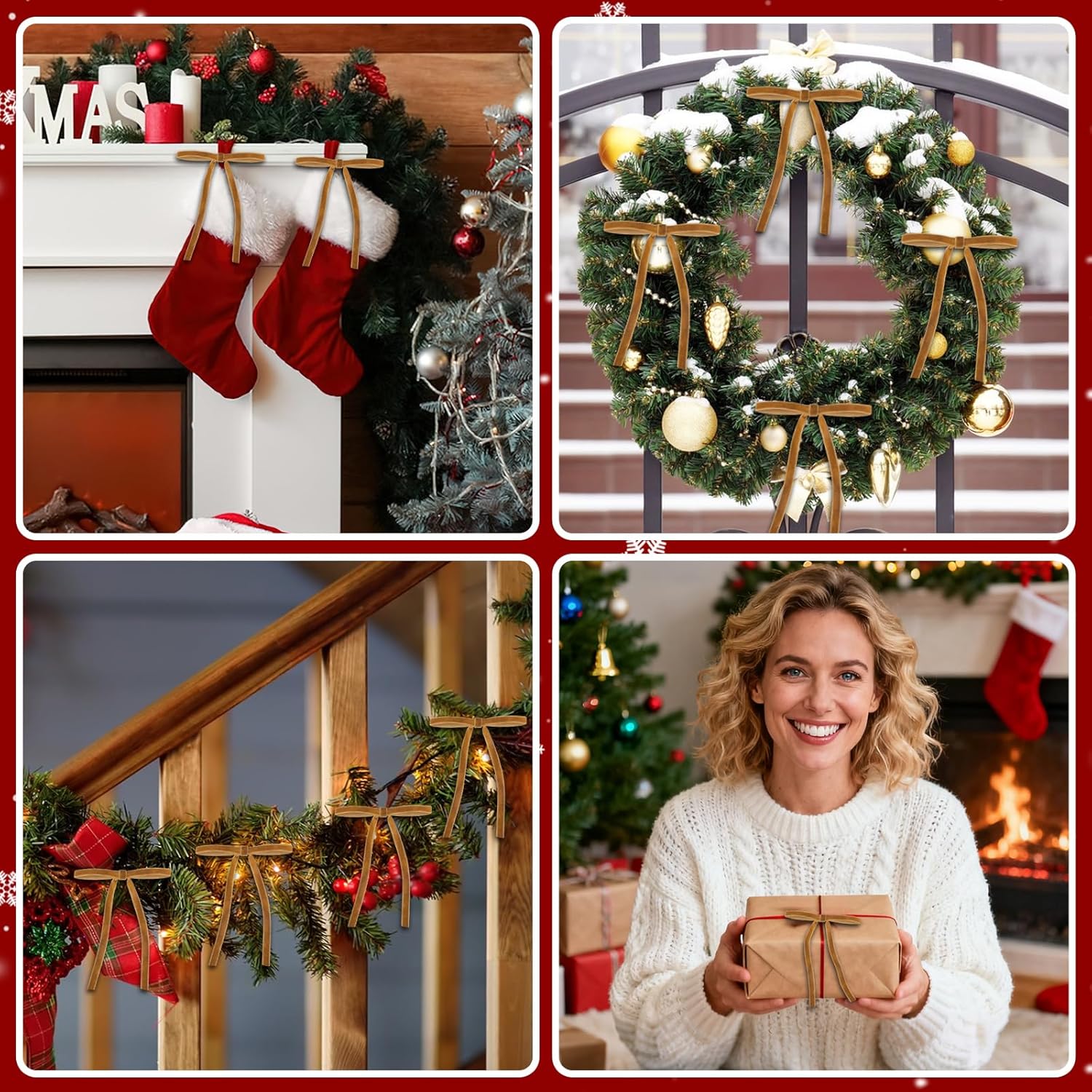 Skiennix Velvet Christmas Tree Bows - Elegant Khaki Pre-Tied Ornaments | 24 Pcs, 5”x7” for Holiday Décor
