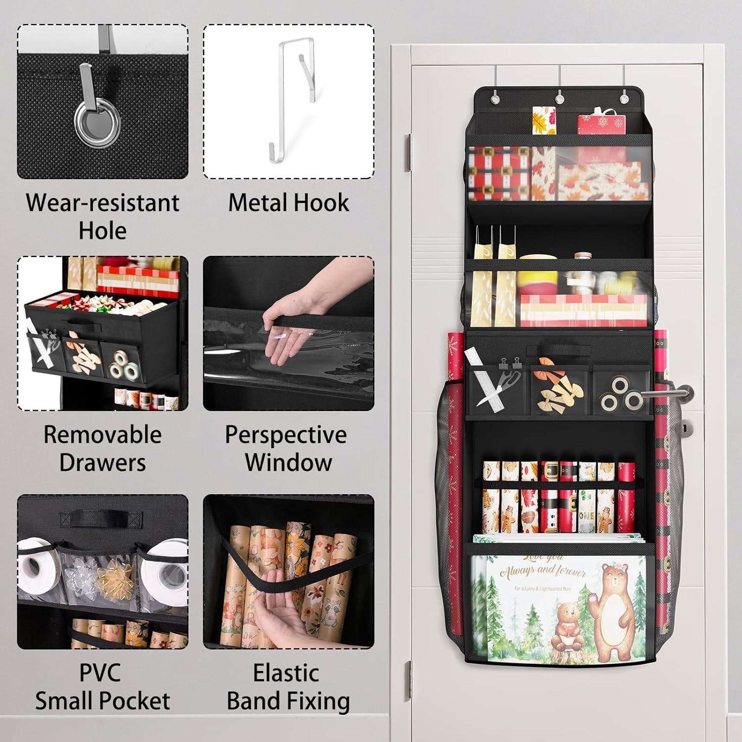 Skiennix Over Door Gift Wrapping Organizer - Multi-Purpose Storage with Removable Drawer & Side Pockets