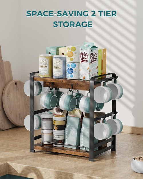OROPY Wooden Coffee Bar Organizer with 14 Mug Hooks, 2 Tier Countertop Coffee Mug Holder Stand for Cups, Mugs, Syrups, Accessories