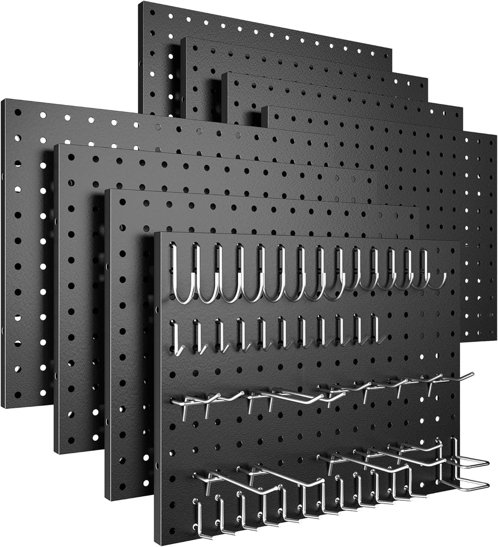 Spampur Pegboard Panels - 8 Pack Heavy-Duty Wall Organizer with 50 Hooks | Black for Home & Garage