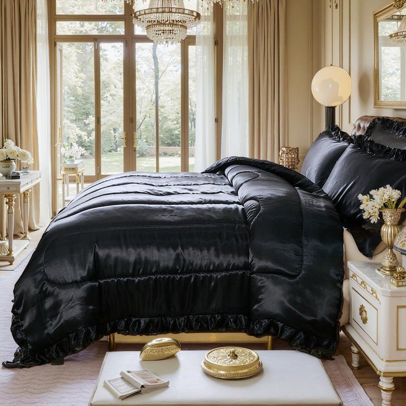 Satin Queen Comforter Set Silk Like Satin Bedding Set Hotel Soft Polyester Black Bed Set Luxury Silky Pillow Cover with Quilt Set Ruffle Down Comforter Home Decor