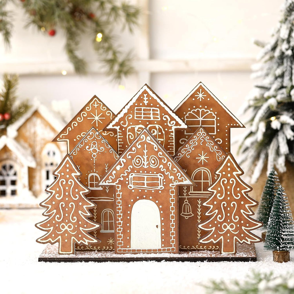 Threehoney Christmas Gingerbread House Table Decorations - 8 Pcs Wooden Centerpiece for Holiday Decor