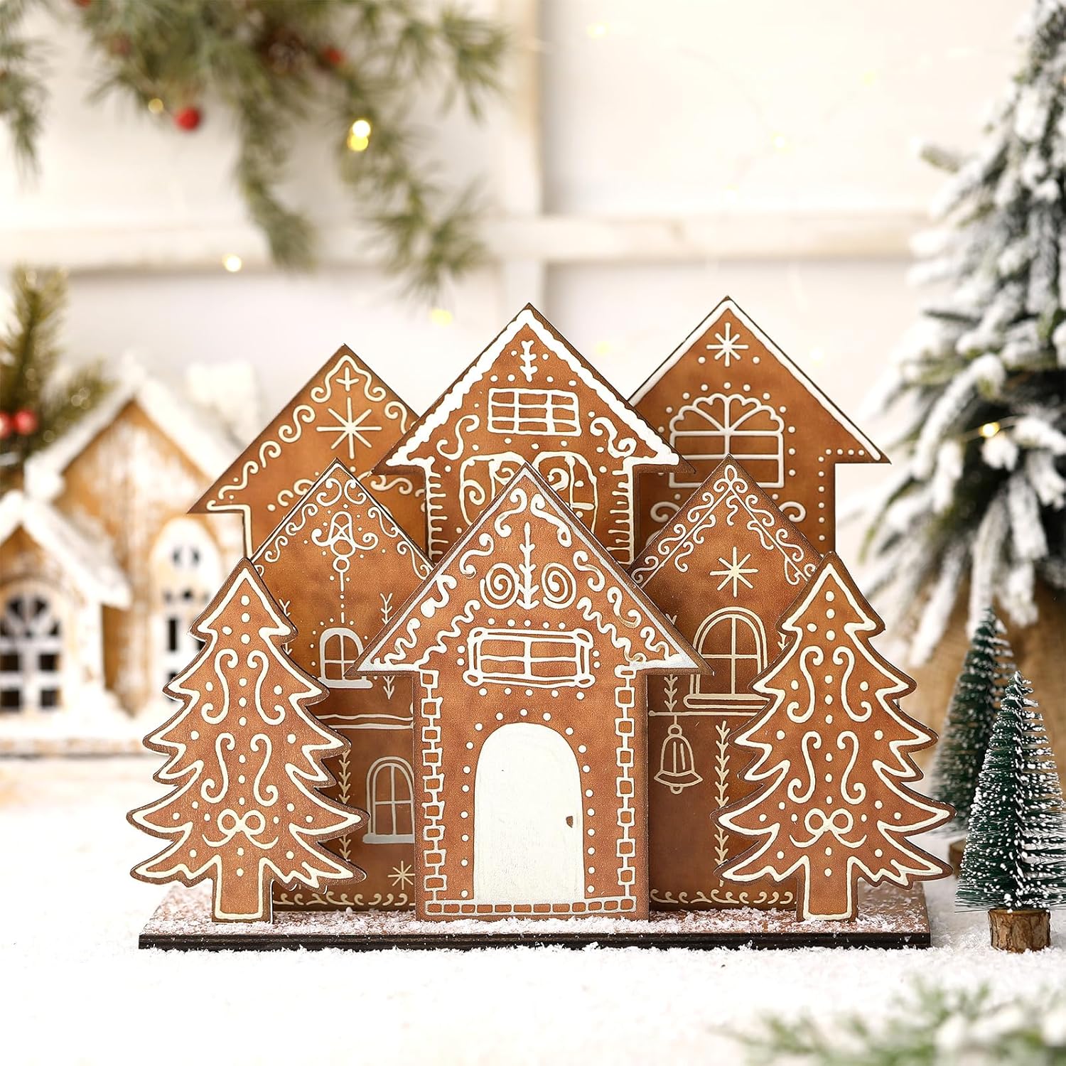 Threehoney Christmas Gingerbread House Table Decorations - 8 Pcs Wooden Centerpiece for Holiday Decor