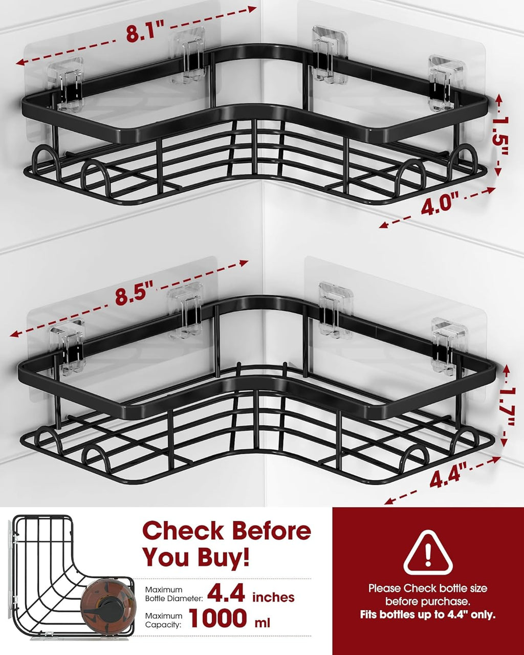 Sakugi Corner Shower Caddy - Rustproof Stainless Steel Organizers with 8 Hooks | No Drilling, 2 Pack, Black