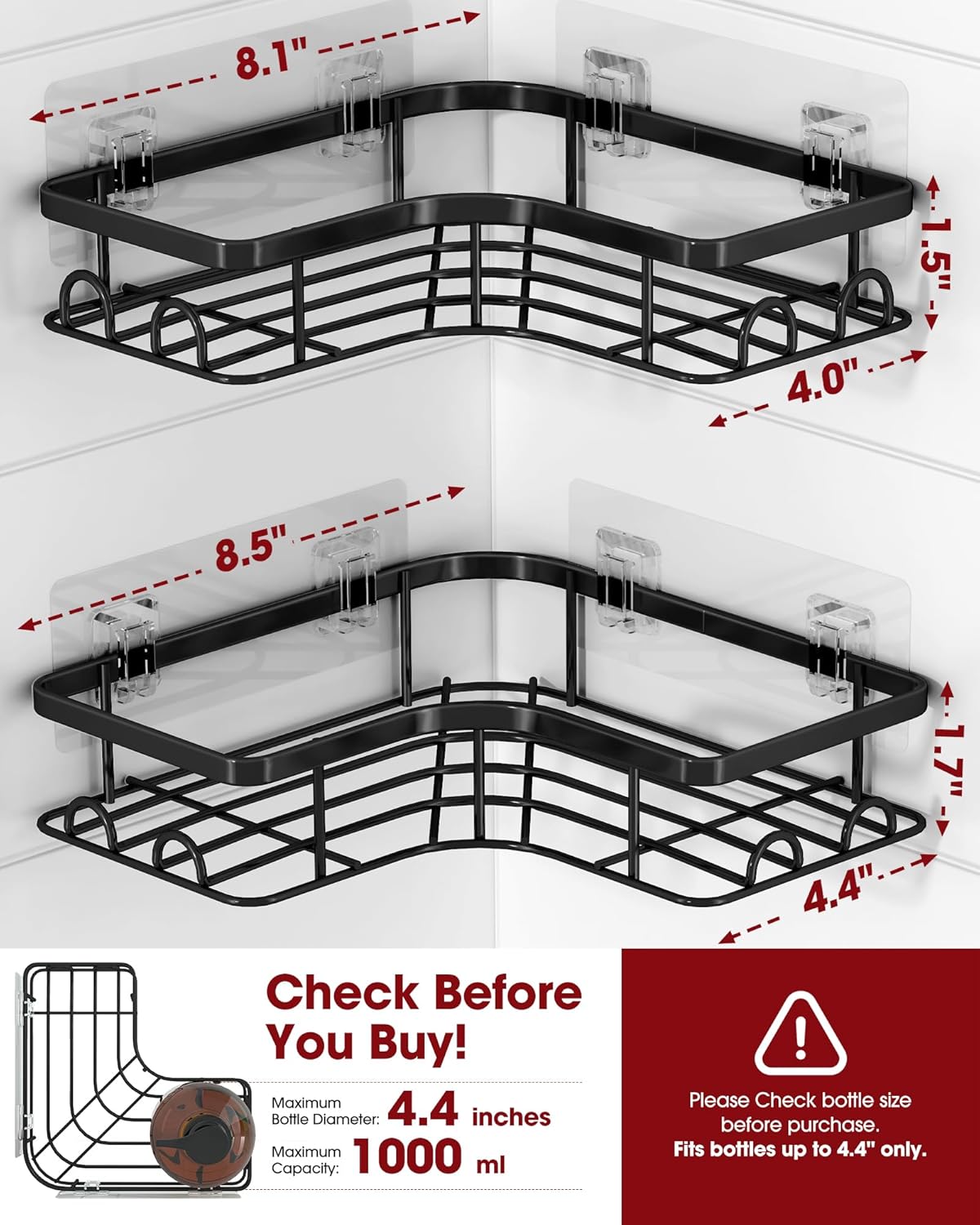 Sakugi Corner Shower Caddy - Rustproof Stainless Steel Organizers with 8 Hooks | No Drilling, 2 Pack, Black