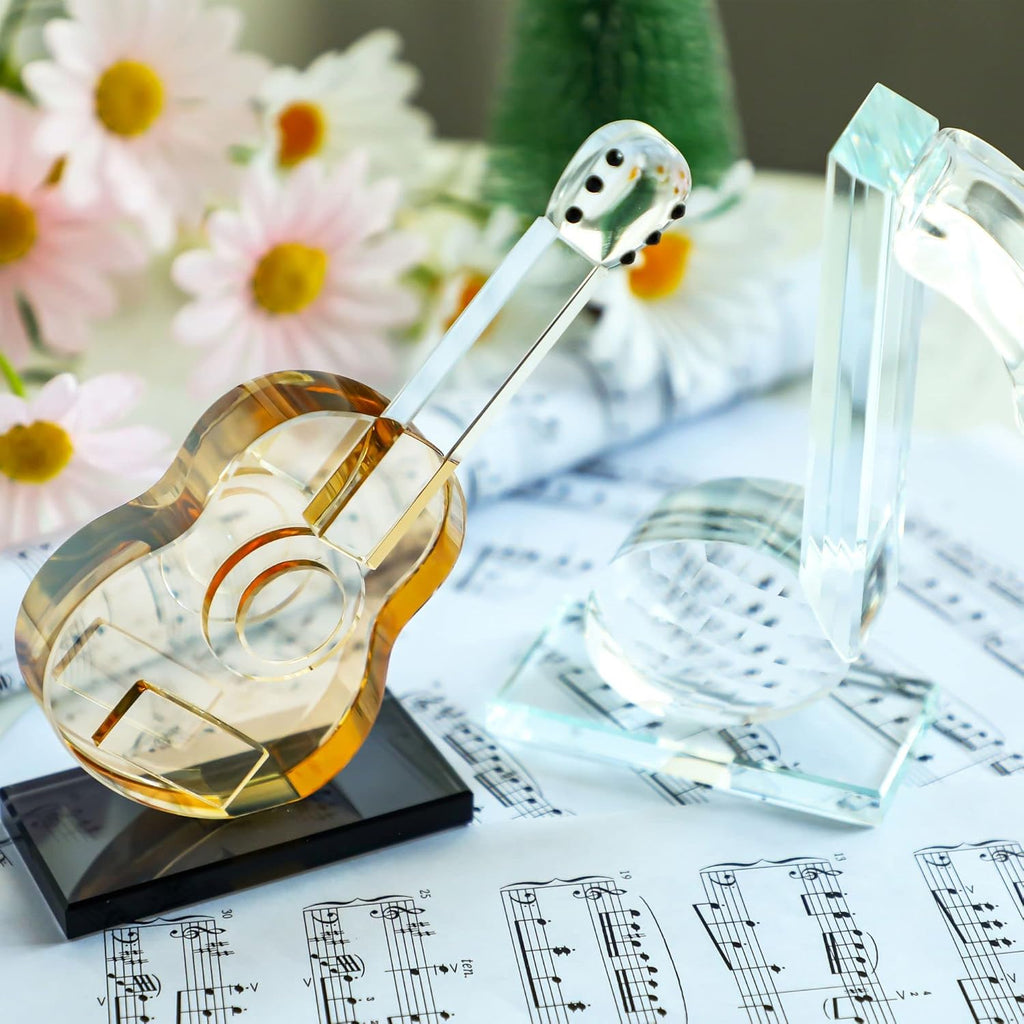 QFkris Crystal Guitar Figurine - Blown Glass Musical Sculpture Paperweight | Champagne Color Decor