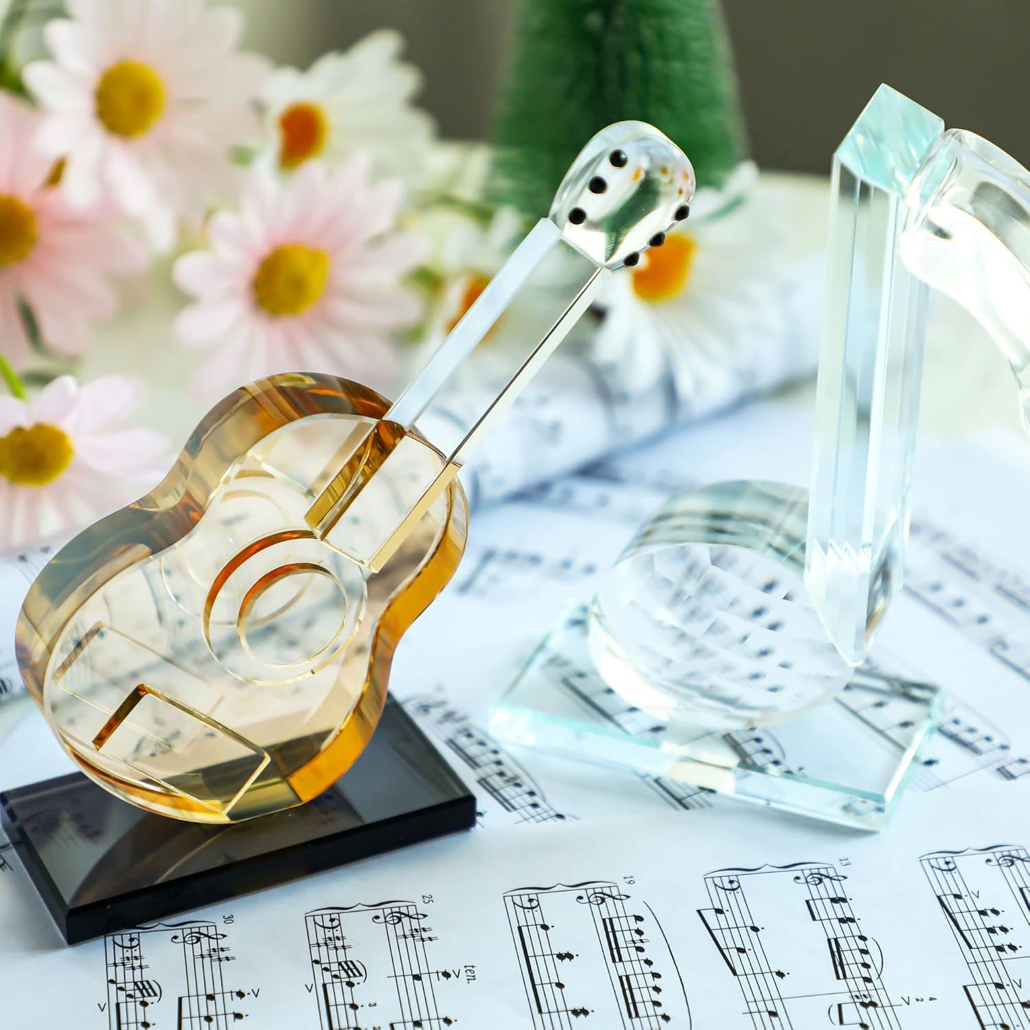 QFkris Crystal Guitar Figurine - Blown Glass Musical Sculpture Paperweight | Champagne Color Decor