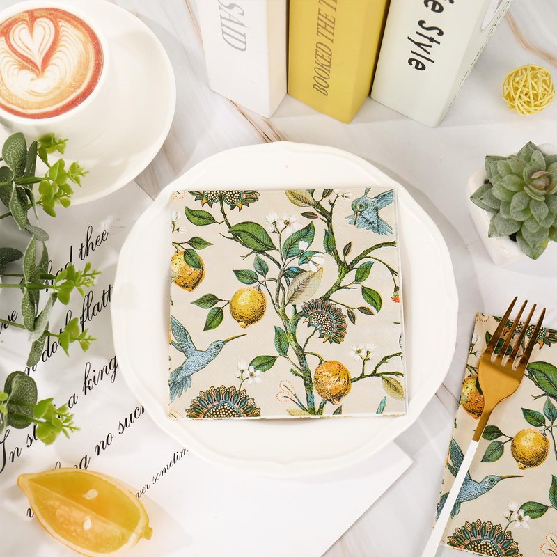 80Pcs Blue Bird Cocktail Napkin Lemon Tree Disposable Paper Napkins Vintage Beverage Napkins for Wedding Birthday Party Tableware Supplies