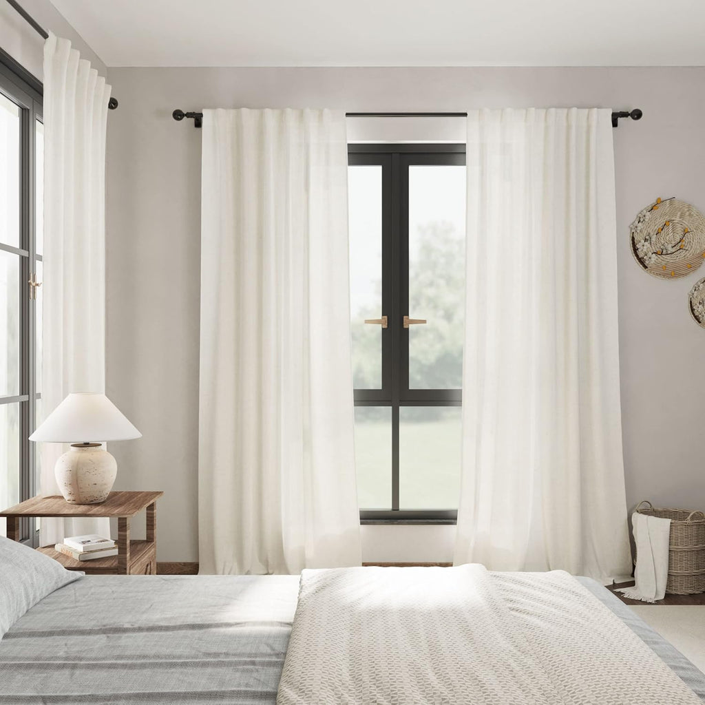 Skiennix Cream Linen Back Tab Curtains - 84 Inch Length | Semi-Sheer 2 Panel Set in Natural Ivory for Modern Farmhouse Decor