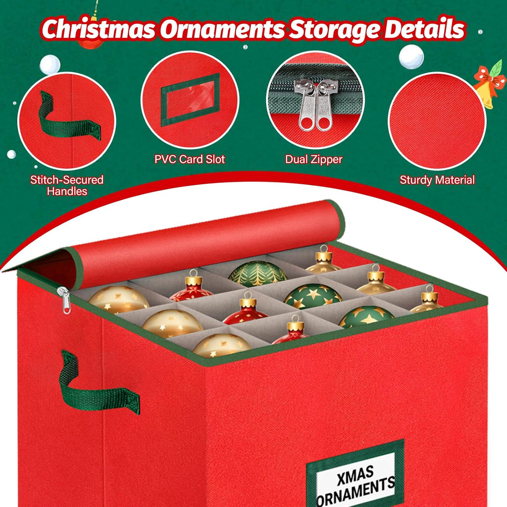 StorageRight Christmas Tree Bag & Ornament Storage Box Set - Water-Resistant 7.5 Ft Tree Storage & 64-Compartment Organizer, Heavy-Duty Red Decor Containers