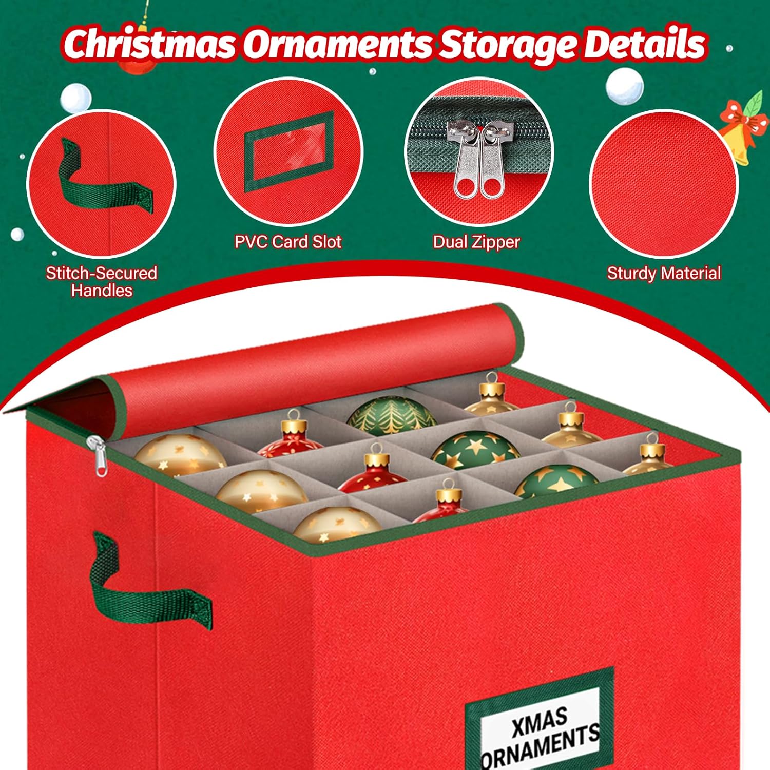 StorageRight Christmas Tree Bag & Ornament Storage Box Set - Water-Resistant 7.5 Ft Tree Storage & 64-Compartment Organizer, Heavy-Duty Red Decor Containers