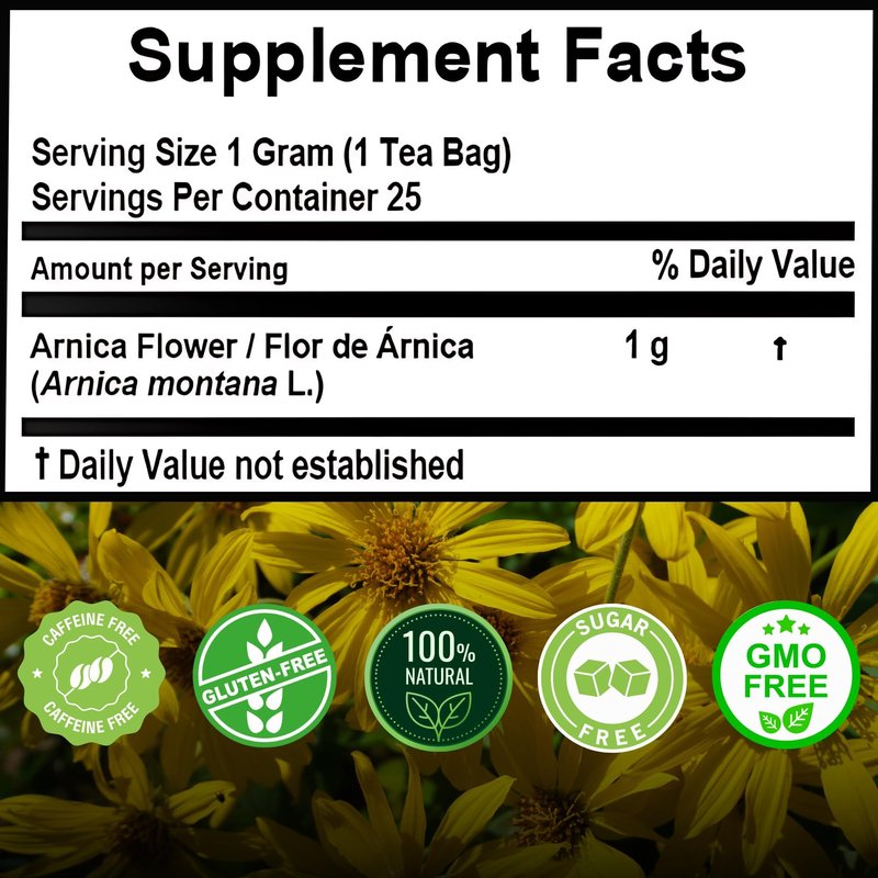 Hanan Peruvian Secrets Flor de Arnica 25 Herbal Teabags Arnica Tea Flowers Natural Dried Herb from Peru 25 Filtered Teabags