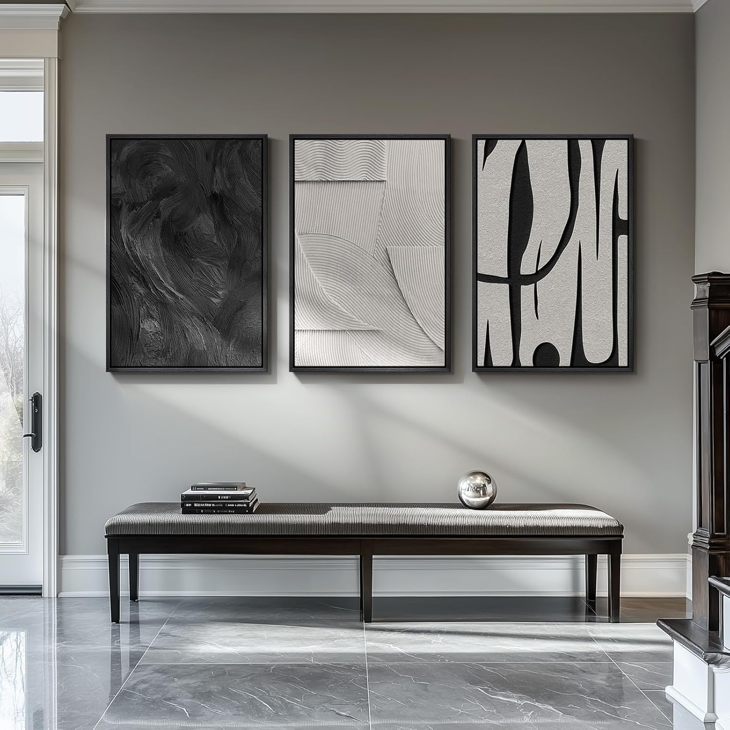 Skiennix 3D Textured Black and White Wall Art - Modern 3 Piece Framed Artwork for Living Room | 24x36 In